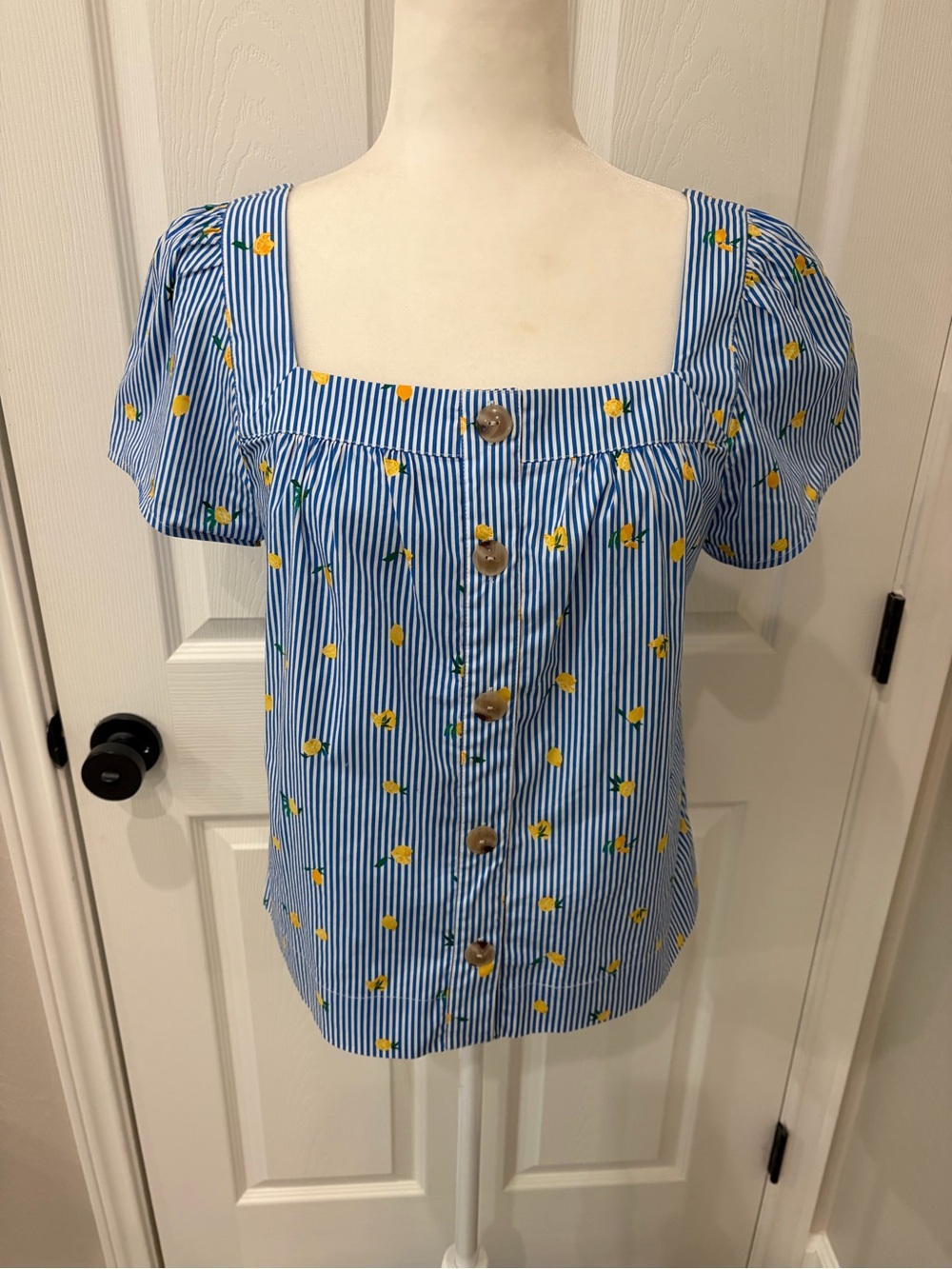 J. Crew Blue Striped Lemon-Print Square Neck Blouse